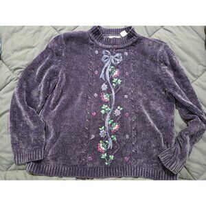 Vintage Purple Chenille Embroidered Floral Bow Sweater Alfred Dunner Small